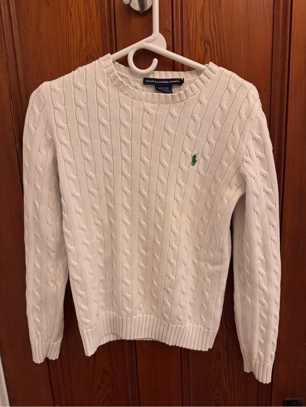 Ralph Lauren Cream Cable-Knit Crewneck Sweater with Green Pony